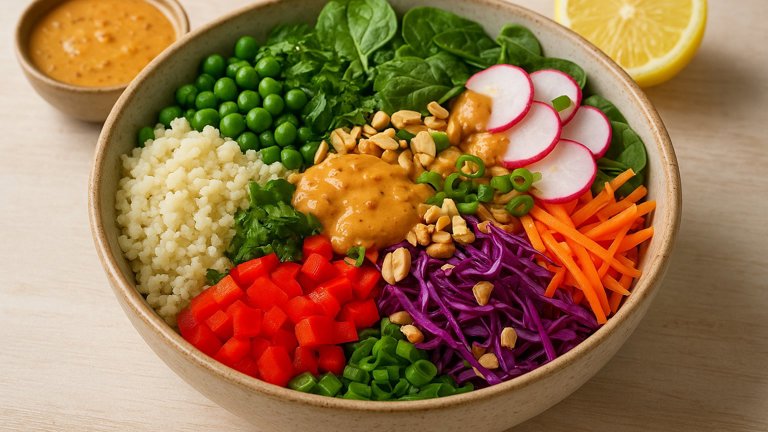 Thai Veggie Rice Bowl With Spicy Nut Dressing