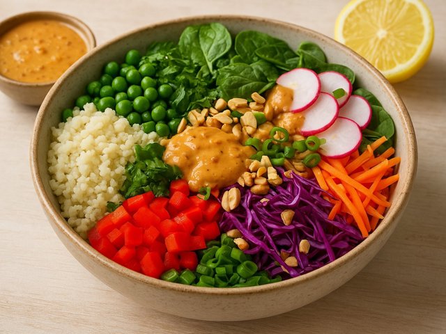 Thai Veggie Rice Bowl With Spicy Nut Dressing