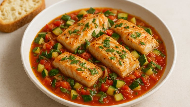 TOMATO-POACHED MAHI MAHI: with Zucchini and Fresh Herbs