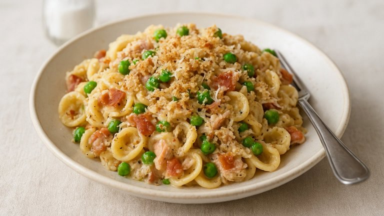 TUNA NOODLE SKILLET CASSEROLE: with Peas and Prosciutto