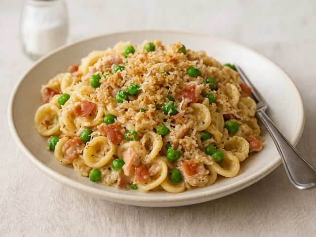Tuna Noodle Skillet Casserole: With Peas And Prosciutto