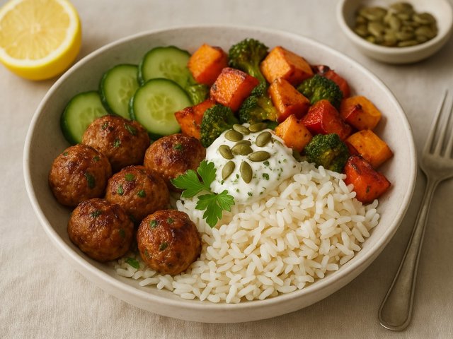 Turkey Kofta-Style Rice &Amp; Roast Vegetable Bowl