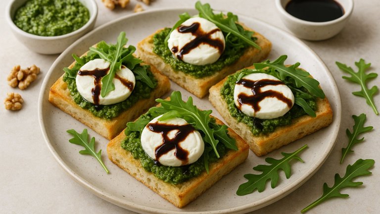 Walnut-Arugula Pesto And Fresh Mozzarella Open-Face With Balsamic Syrup