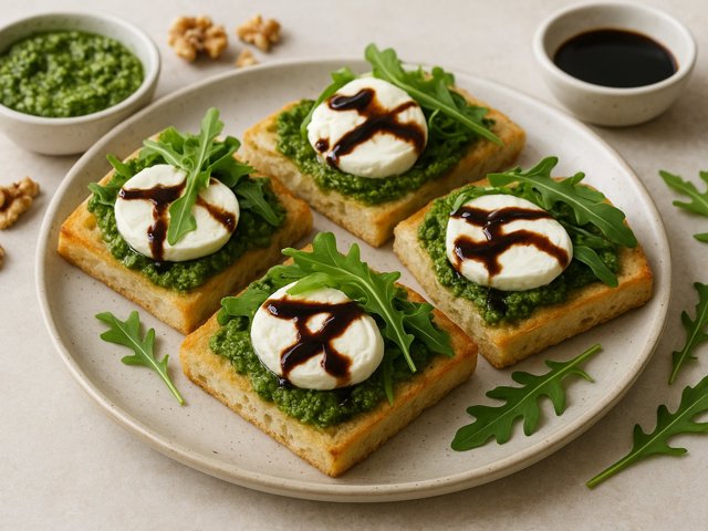 Walnut-Arugula Pesto And Fresh Mozzarella Open-Face With Balsamic Syrup