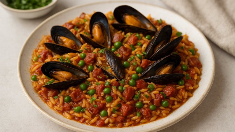Weeknight ORZO Paella: With Mussels And Chorizo