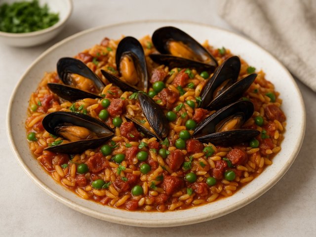 Weeknight ORZO Paella: With Mussels And Chorizo