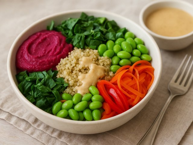 Weeknight Quinoa Bowl With Beet Hummus & Almond-Ginger Dressing