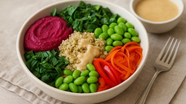 Weeknight Quinoa Bowl With Beet Hummus & Almond-Ginger Dressing