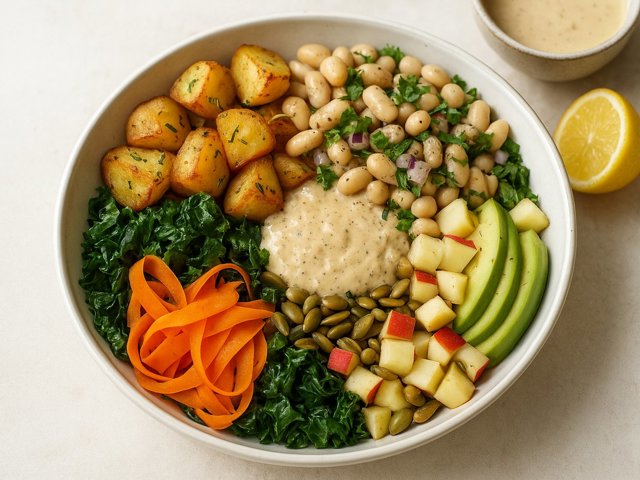 White Bean & Crispy Rosemary Potato Bowl With Cashew-Cumin Dressing