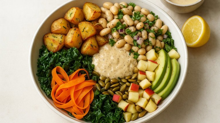 White Bean & Crispy Rosemary Potato Bowl With Cashew-Cumin Dressing