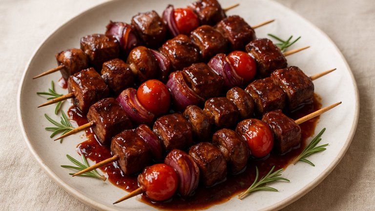 WINE MARINATED BEEF SKEWERS WITH CHERRY-BOURBON GLAZE