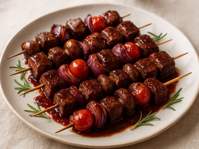 Wine Marinated Beef Skewers With Cherry-Bourbon Glaze