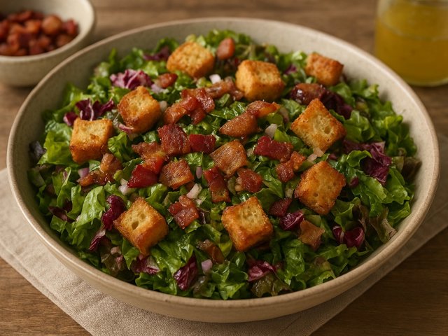 Winter Salad With Bacon-End Vinaigrette And Ranch-Size Croutons