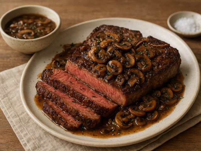 Wood-Fired Porterhouse Steak With Mushroom-Shallot Sauce