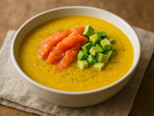 YELLOW GAZPACHO with SMOKED SALMON and AVOCADO