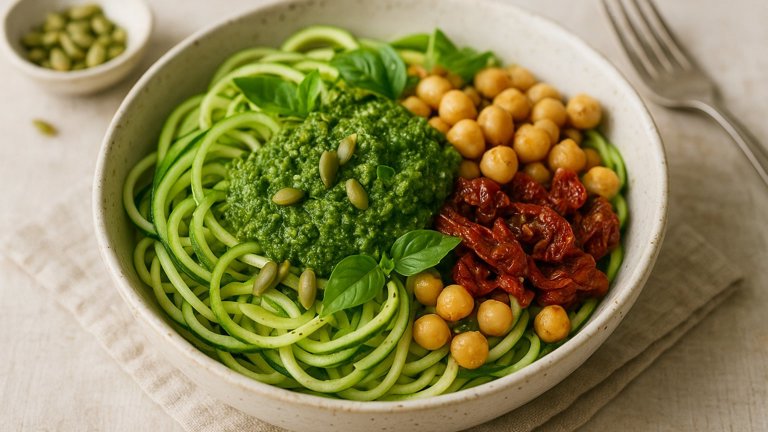 Zucchini Noodle Bowl With Walnut-Kale Pesto