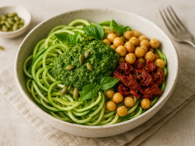 Zucchini Noodle Bowl With Walnut-Kale Pesto